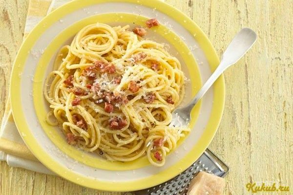 спагетти, карбонара, бекон