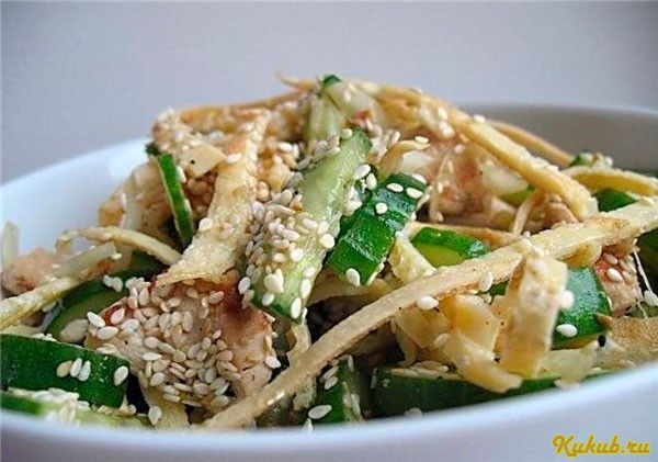 салат, свежих, огурцов, лапша