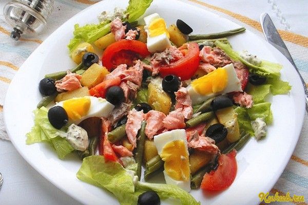 салат, нисуаз, лососем, кофе