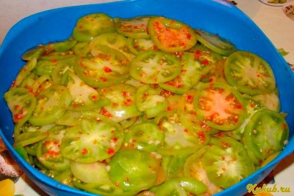 салат, зелеными, помидорами, маринад