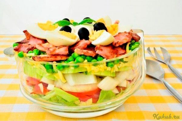 слоеный, салат, беконом, бекон слоеный, салат, беконом, бекон