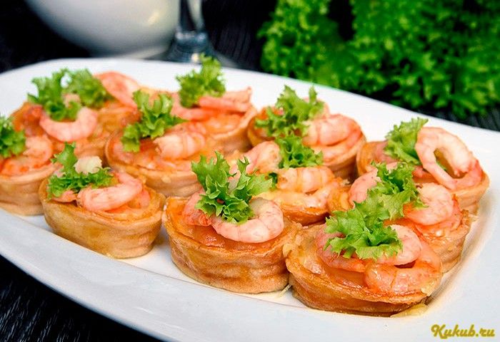 сырные, тарталетки, креветками