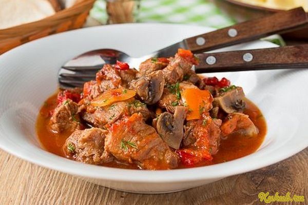 тушеная, свинина, шампиньонами