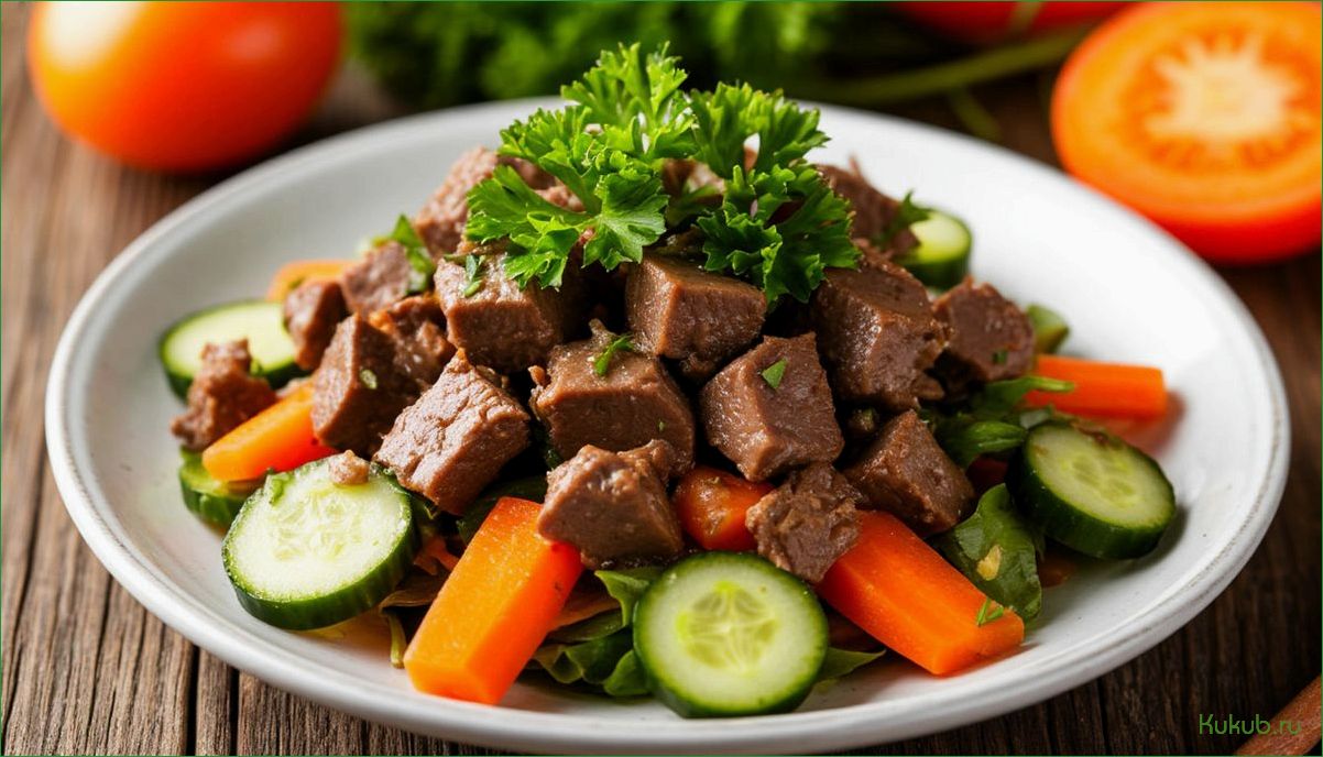 (салат, куриной, печенью, солеными, огурцами) Салат с куриной печенью солеными огурцами и морковью вкусное и питательное блюдо